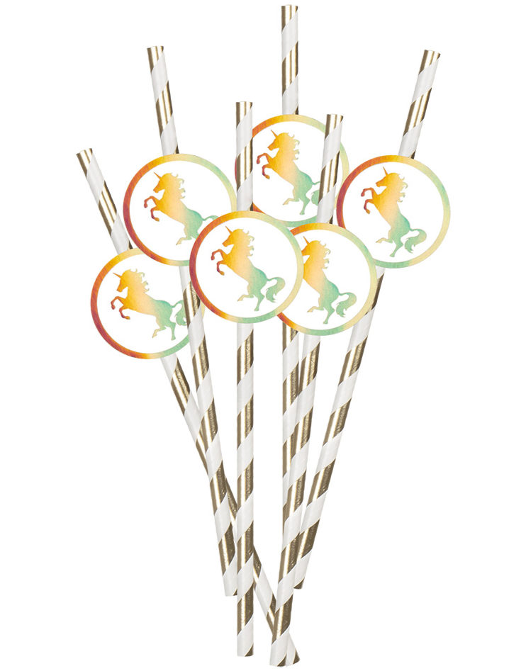 6 stk Gullfarget Stripete Papirsugerør med Pappmotiv - Unicorn Gold