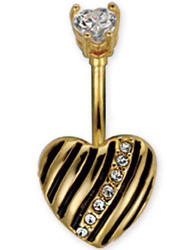 Gullfarget Navlepiercing med Svarte Striper & Hvite Stener