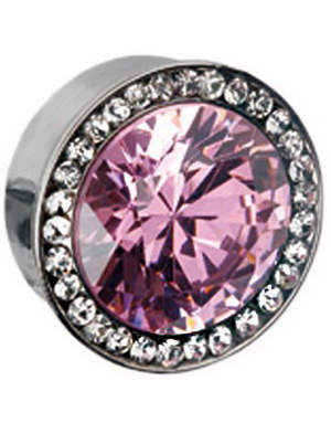 Piercing Plugg med Rosa Diamant Rammet med Klare Stener