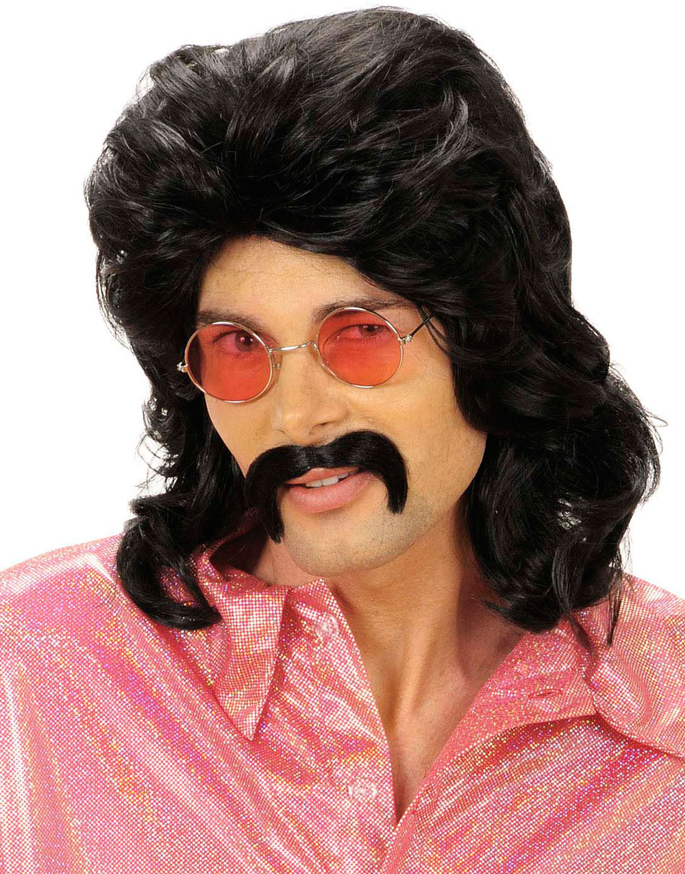 70-talls Svart Parykk med Krøller og Matchende Bart