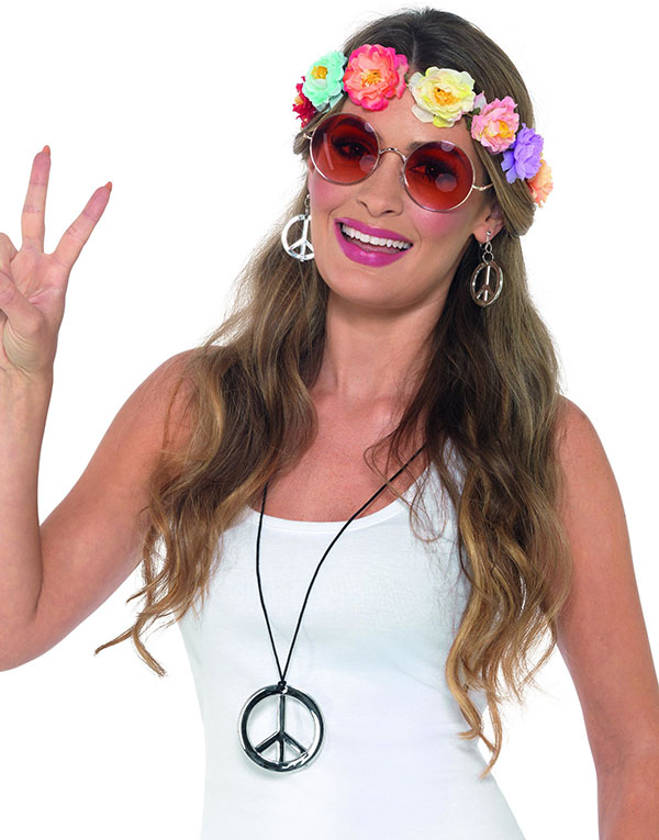 Hippie Kostymesett med Briller, Krans og Smykker
