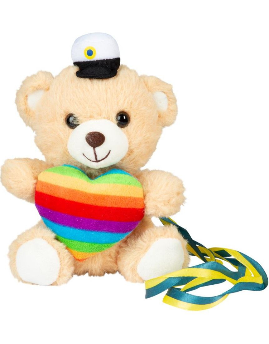 Grattis til Studenten - Sittende Lysebrun Teddybjørn med Regnbuehjerte, Gult og Blått Bånd og Lue 17 cm