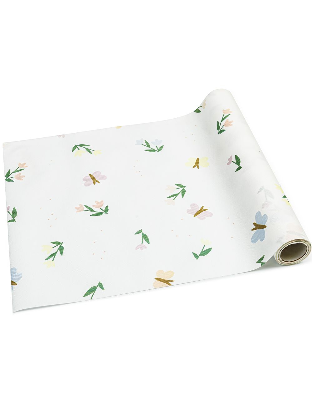 Hvit Bordløper med Blomster og Sommerfuglmotiv - 40 cm x 5 meter