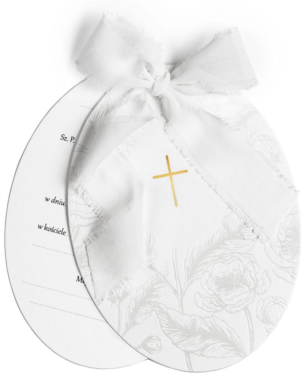 10 stk Hvite Invitasjoner Kors og Blomster - NB! POLSK TEKST