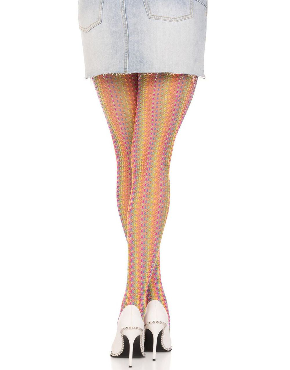 Regnbuefarget heklet netting-strømpebukse