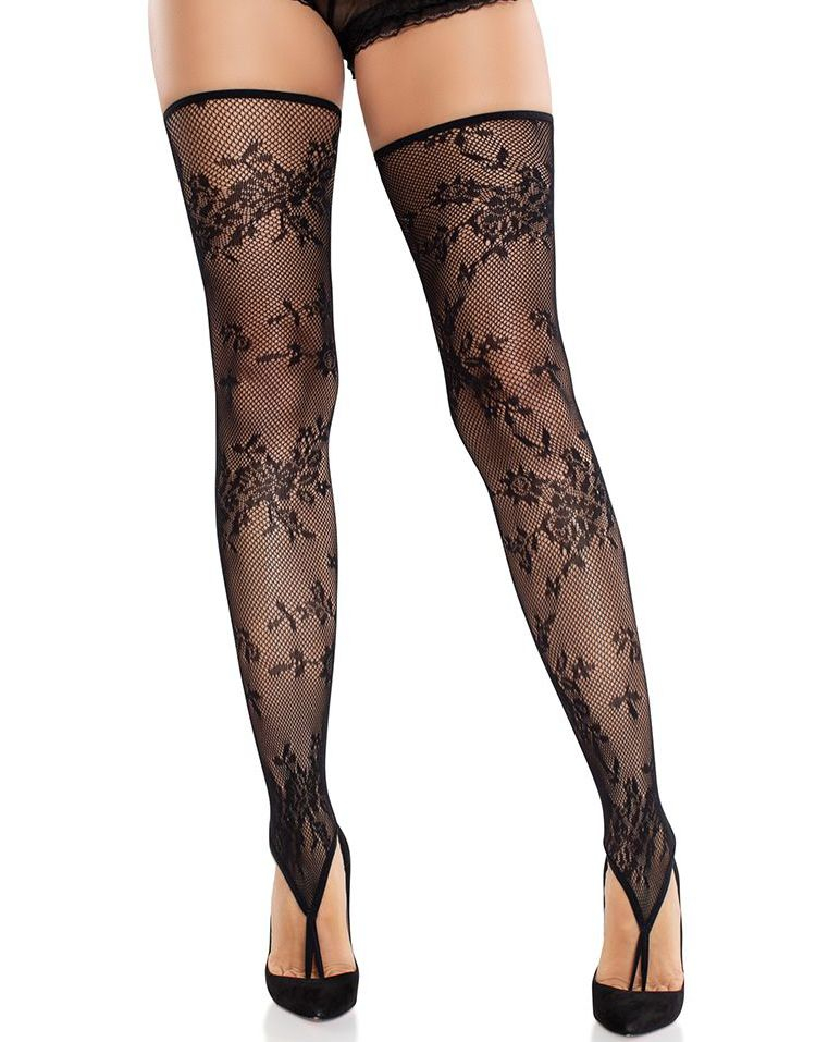 Blonde Netting Lårstrømper uten Fot med Tåhempe - Svart