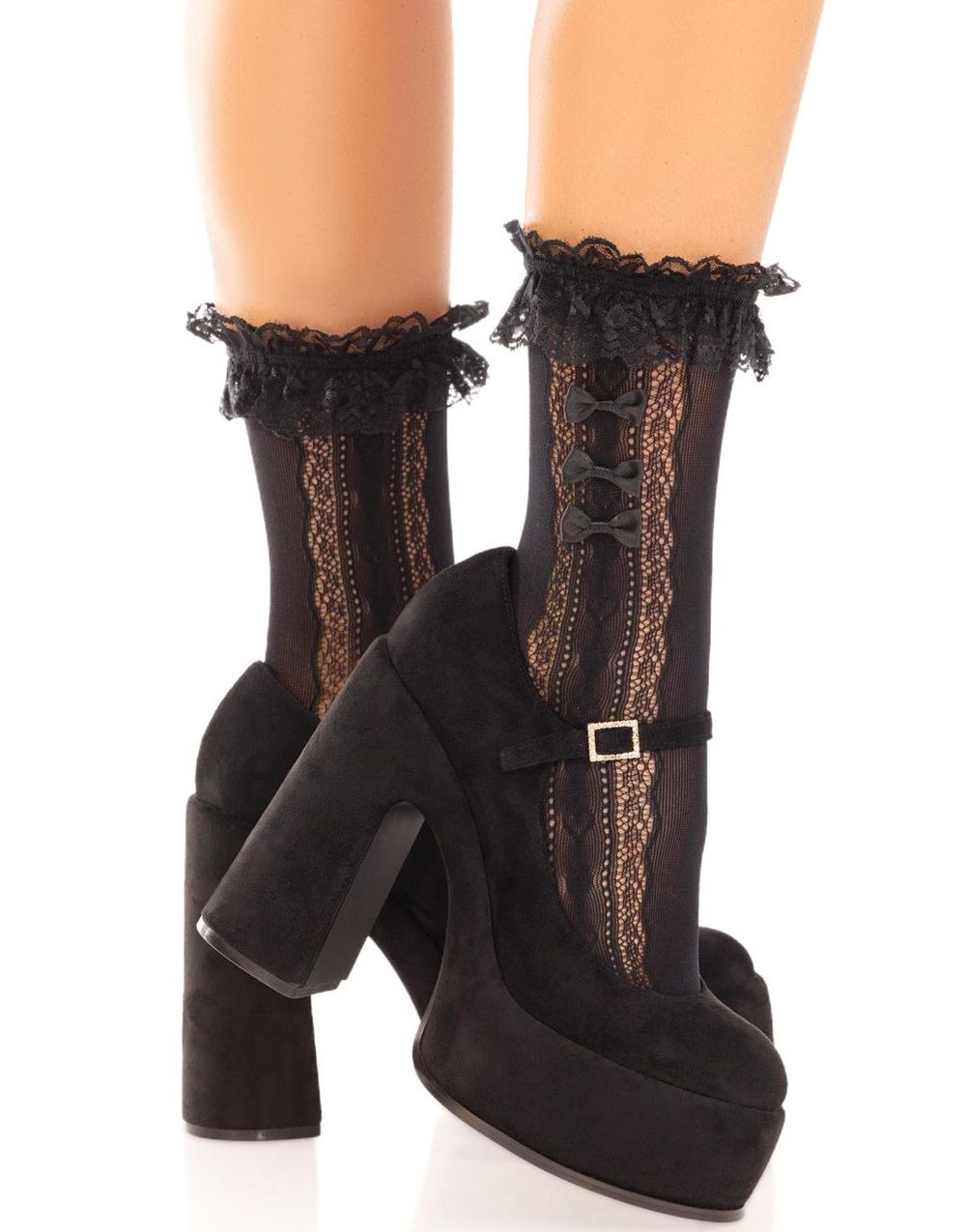 Ankelsokker med Hjerter, Rysjekant og Mini-Sløyfer - Svart