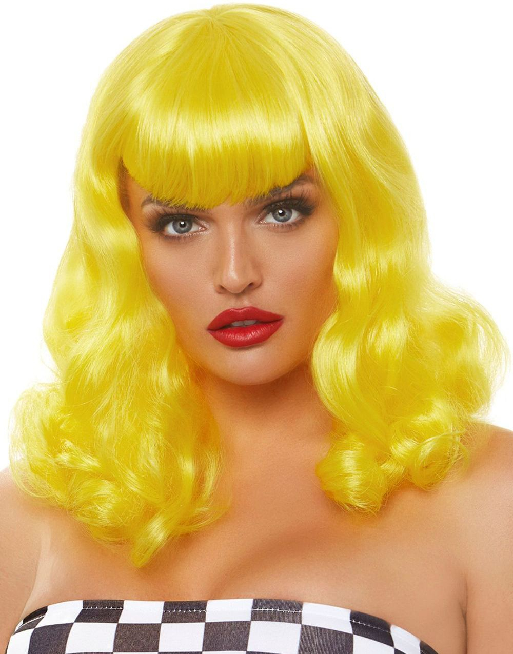 Retro Krøllete Bob Parykk med Pannelugg - Gul