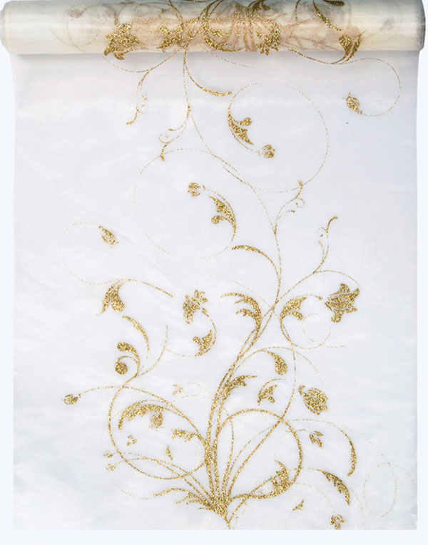 KREMHVIT Organzaløper med Gullfargede Glittermotiver 36 cm x 9 meter