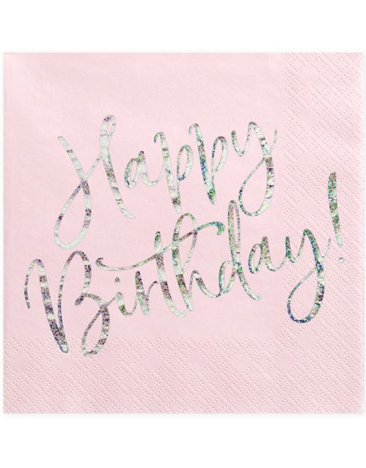 20 stk Rosa Bursdagsservietter med Holografisk trykk 33x33 cm