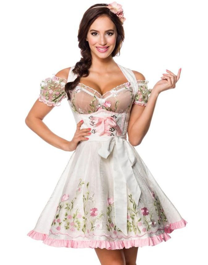 Hvit Dirndl Oktoberfestkjole i Luksuskvalitet med Utformet Blomster på Forkle