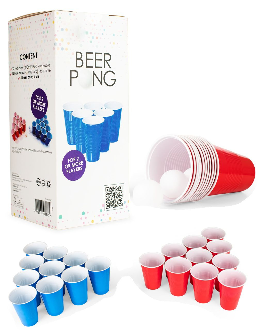 Beer Pong Sett med 4 Baller og 24 Kopper