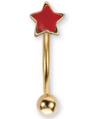 Gullfarget Øyenbrynspiercing med Rød Stjerne - 1.2 x 8 mm