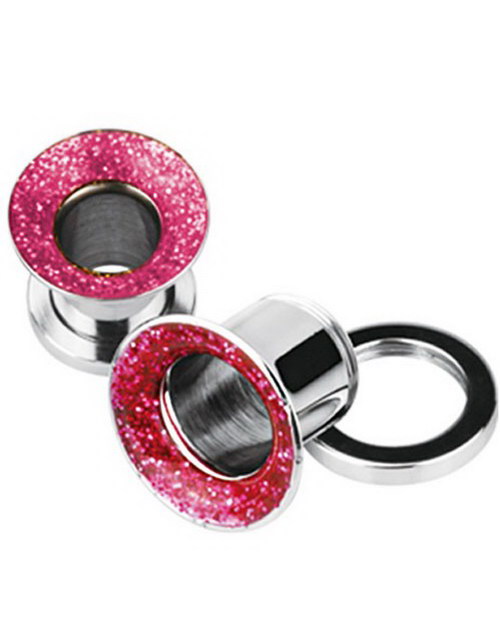 Sølvfarget Piercing Tunnel med Rosa Glitrende Sirkel