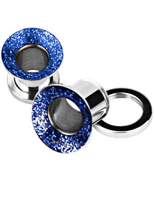 Sølvfarget Piercing Tunnel med Blå Glitrende Sirkel