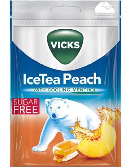 Vicks Pastiller med Ice Tea Peach Smak og Menthol (Sukkerfri) 72 gram