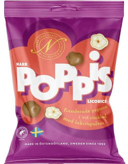 Narr Poppis Licorice - Kandisert Popcorn med Hvit Sjokolade og Lakrispulver 90 gram
