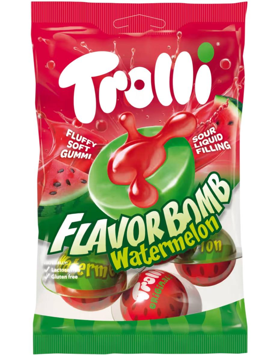 Trolli Flavor Bomb Watermelon - Geleballer med Surt Flytende Fyll 75 gram