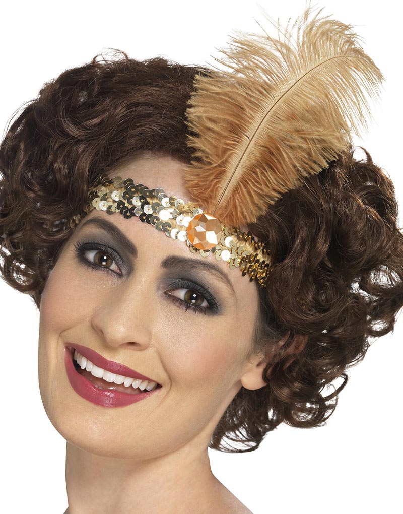 Gullfarget Flapper Hårbånd med Paljetter og Fjær