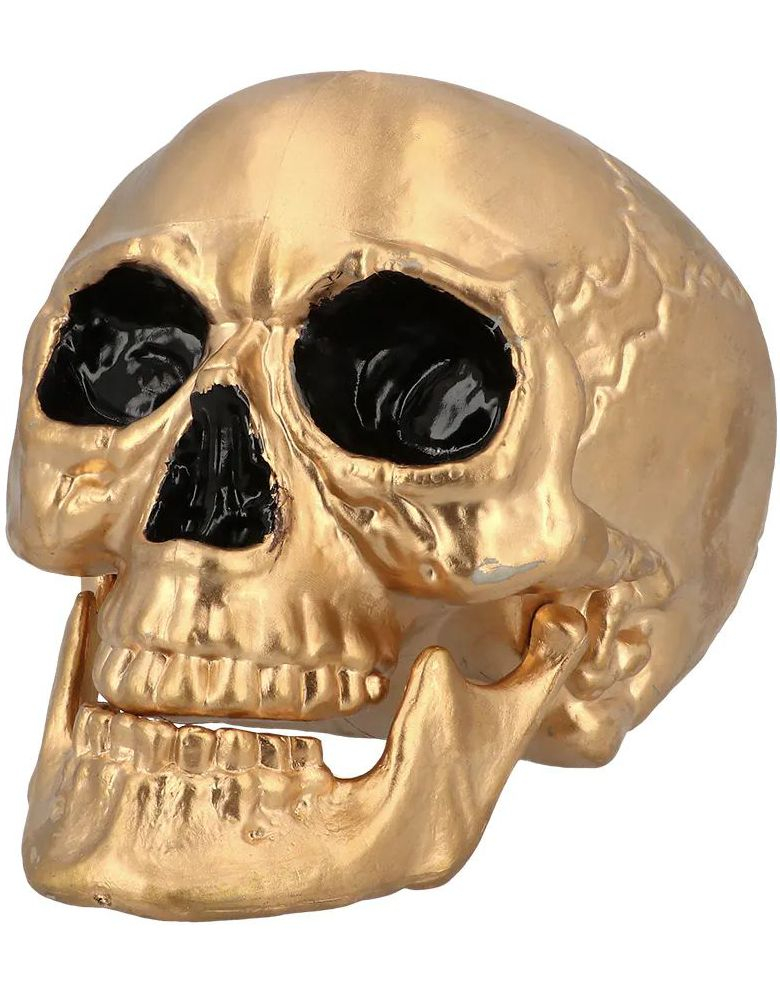 Stor Gullfarget Hodeskalle Dekorasjon med Bevegelig Kjeve 17x24 cm