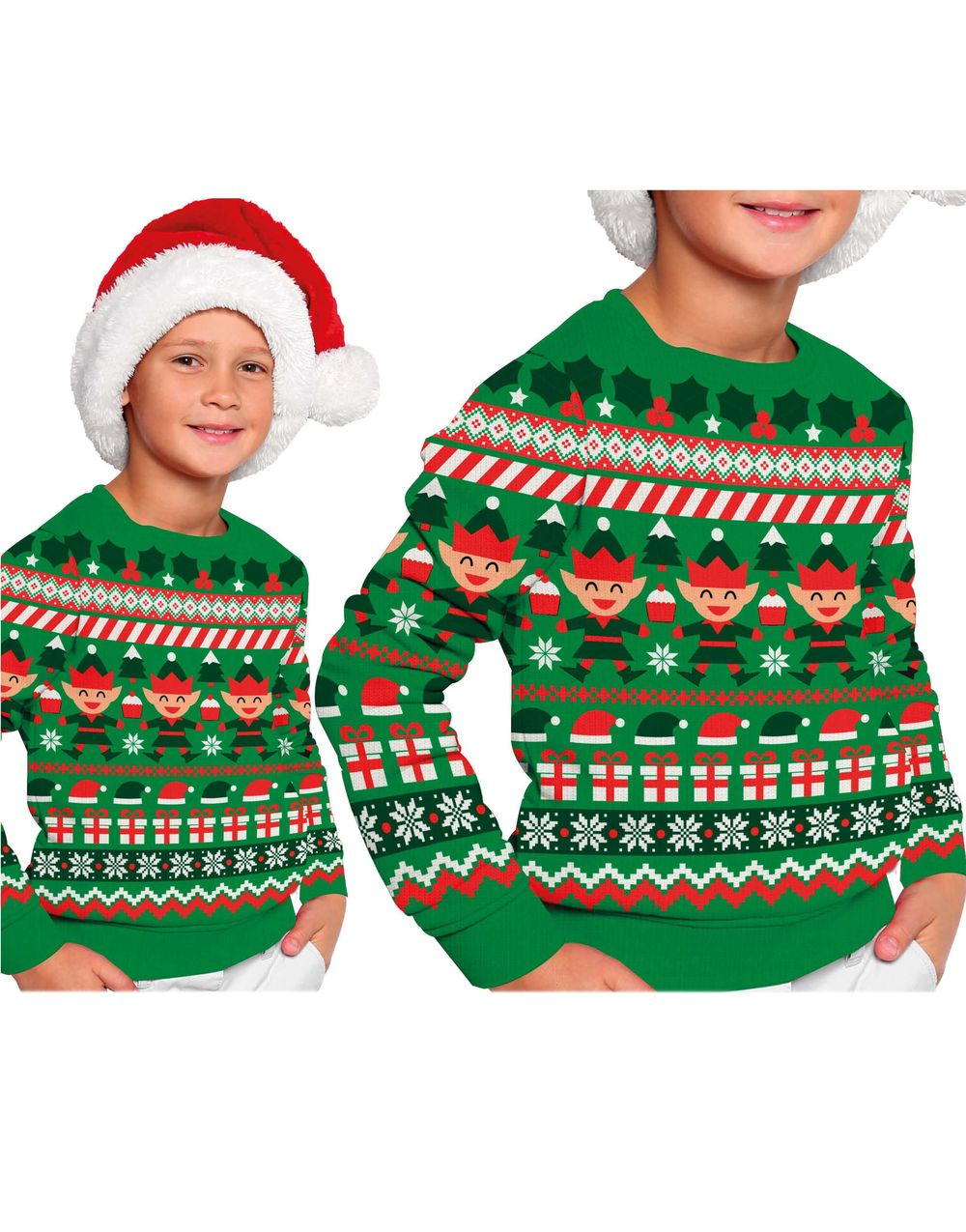 Grønn Julegenser med Nissealver og Andre Julemotiver til Barn (Strikkegenser)