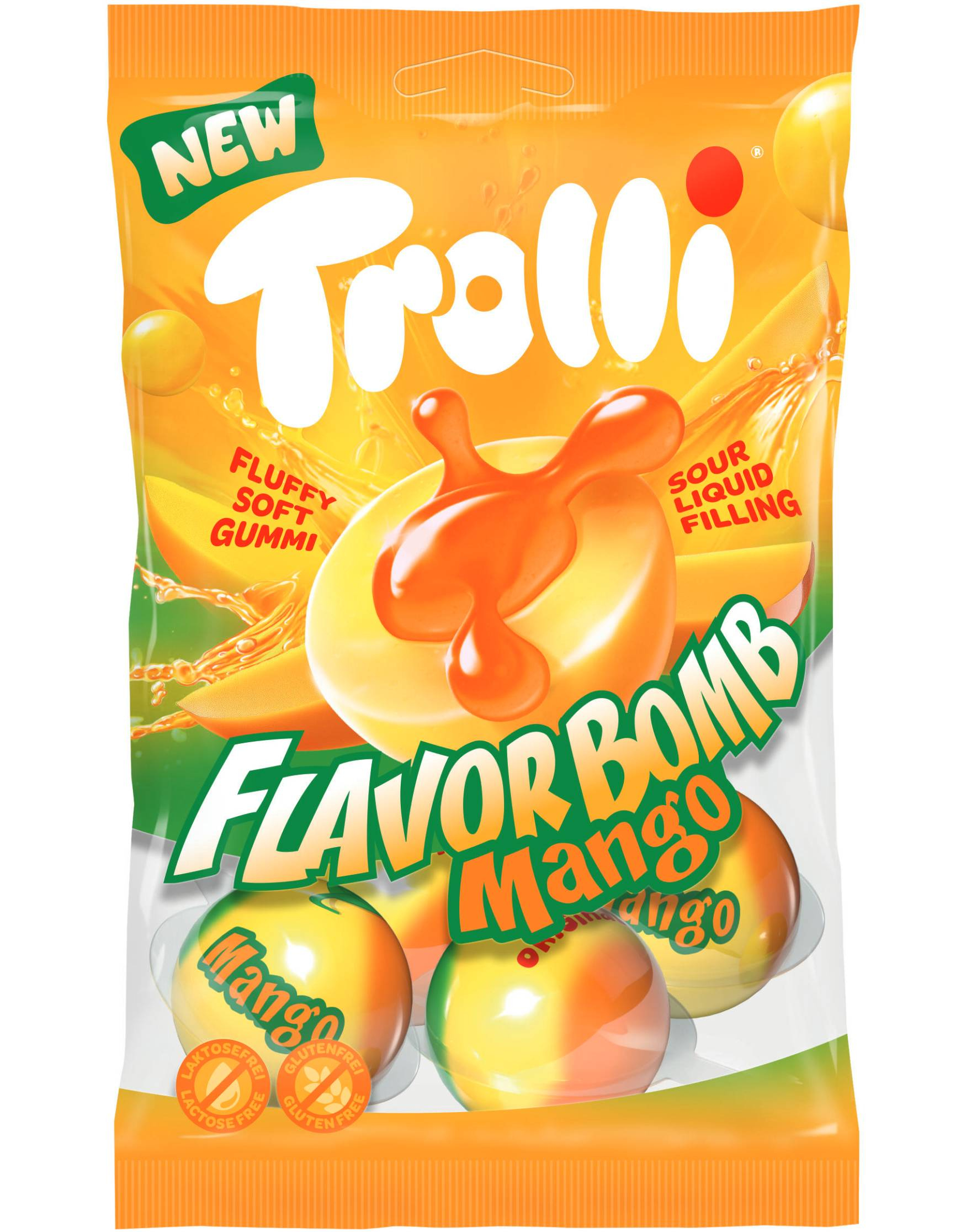 Trolli Flavor Bomb Mango - Geleballer med Surt Flytende Fyll 75 gram