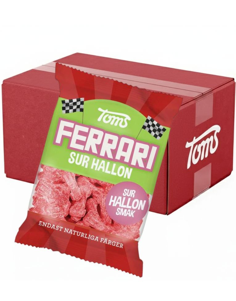 30 stk Toms Ferrari Sur Hallon - Bilformede Vingummibiter med Sur Bringebærsmak - Hel Eske 3,6 kg