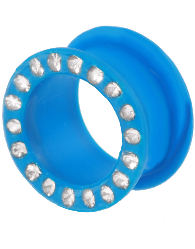 Silikon Piercing Tunnel i Blå med Klare Stener