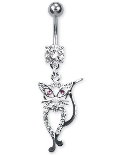 Sølvfarget Navlepiercing med Hengende Pusekatt