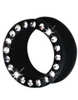 Silikon Piercing Tunnel i Svart med Klare Stener