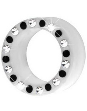 Silikon Piercing Tunnel i Hvit med Svarte & Klare Stener - Strl 22 mm