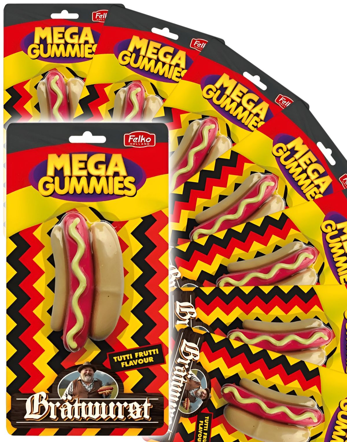 9 stk Mega Gummies German Bratwurst - Vingummi Pølse med Tutti Fruttismak - Hel Eske 1,08 kg