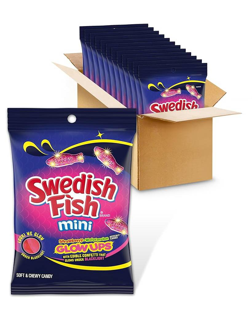 12 stk Swedish Fish Glowups - UV-Reaktive Vingummifisker med Jordbær og Vannmelonsmak - Hel Eske 1,04 kg (USA Import)