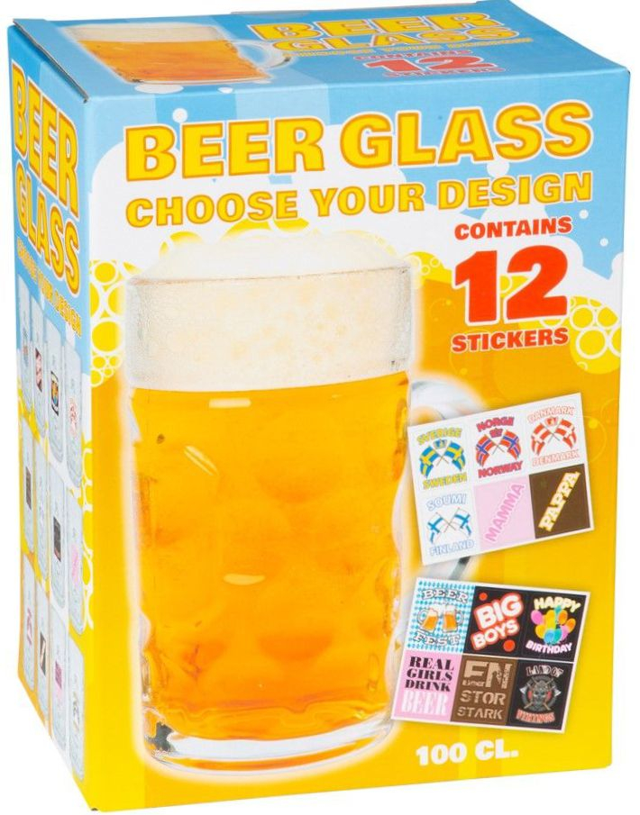 Stort Tilbassbart Ølglass med 12 stk Morsomme Klistremerker - 1 l