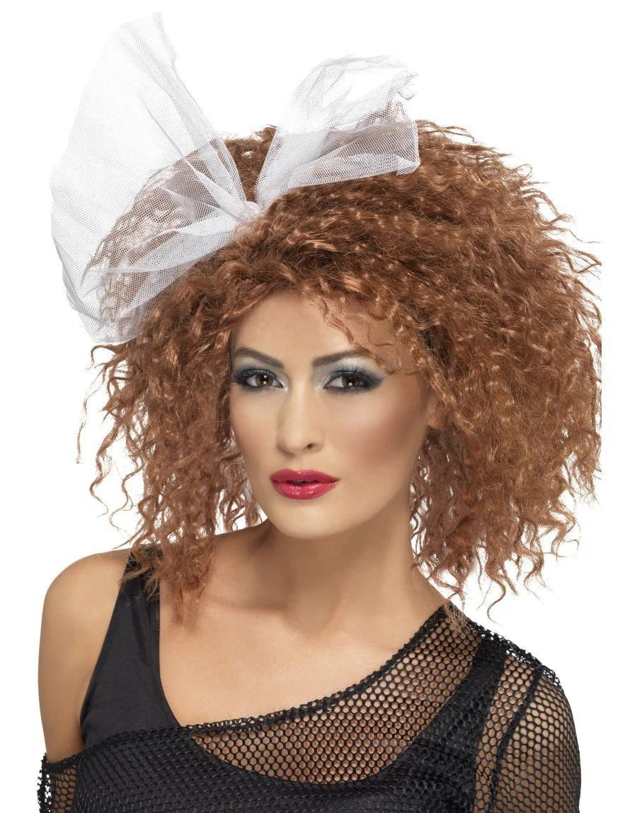 80's Wild Child - Stor Krøllete 80-Tallsparykk med Sløyfe