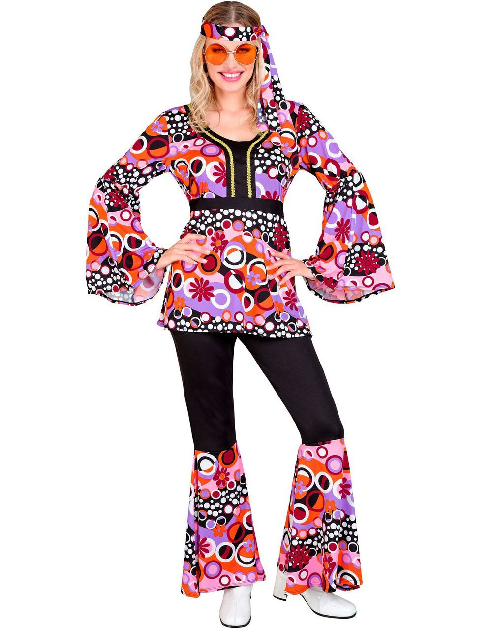 60's Lilla Hippiekostyme med Fargerike Blomster til Dame