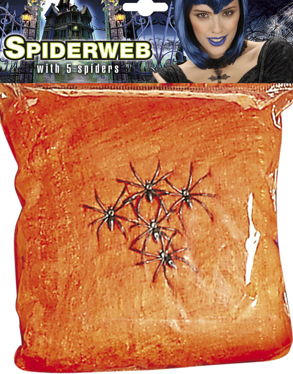 Orange Edderkoppnett m/5 stk Edderkopper