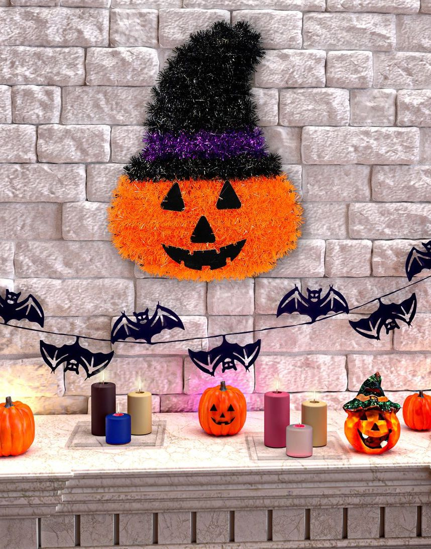 Glitrende Halloween Gresskar med Heksehatt 39x29 cm