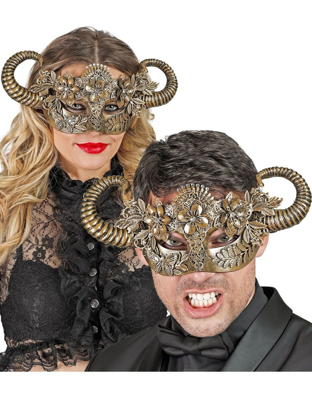 Blomstrete Gullfarget Øyemaske med Horn og Stener