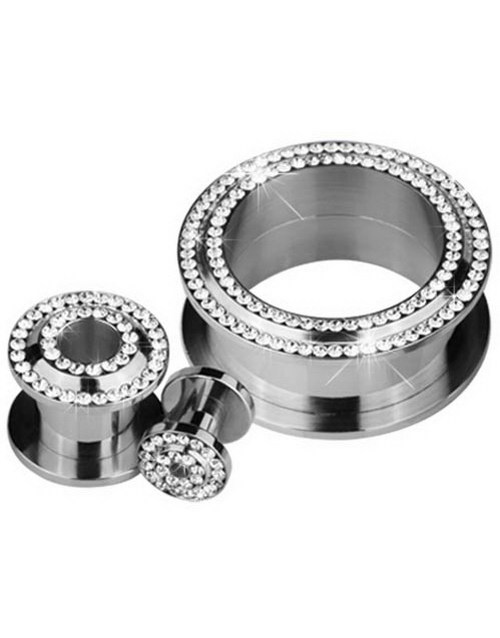 Sølvfarget Piercing Tunnel med 2 Rader Klare Stener