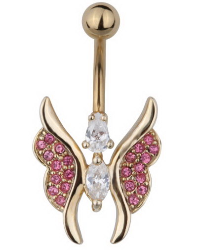 Gullfarget Navlepiercing av Sommerfugl med Rosa & Hvite Stener
