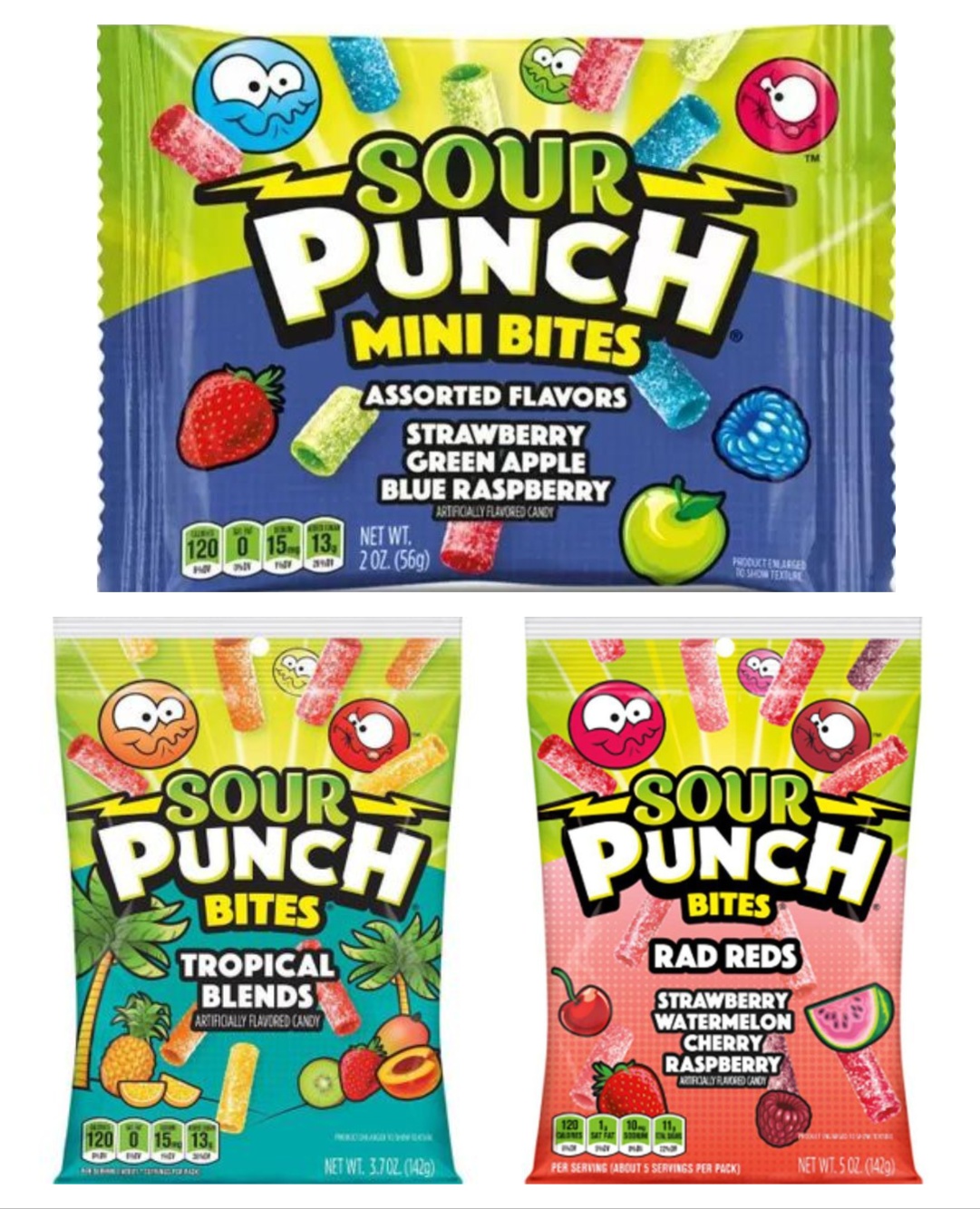 Taste Them All - Sour Punch Bites Vingummi - Tre Varianter - Pakketilbud