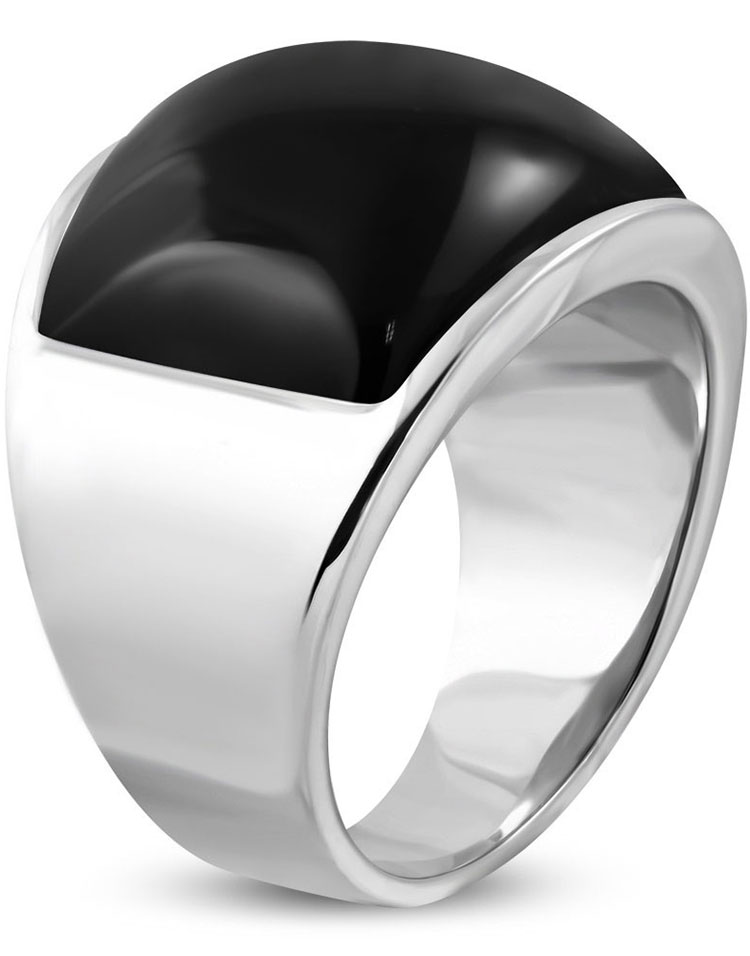 Sølvfarget Stålring med Svart Firkantet Sten