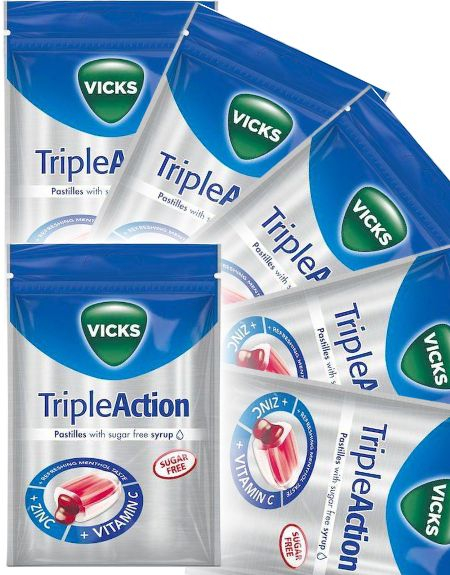 20 stk Vicks Triple Action - Sukkerfrie Halspastiller med Solbær og Mentol - Hel Eske 1,44 kg