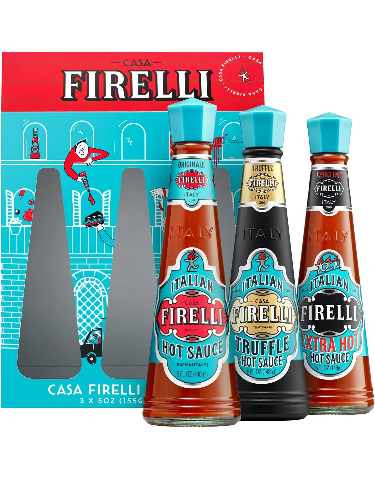 Casa Firelli Italian Hotsauce Variety Pack - 3 Forskjellige Smakfulle Sterke Sauser i Gavepakke 444 ml