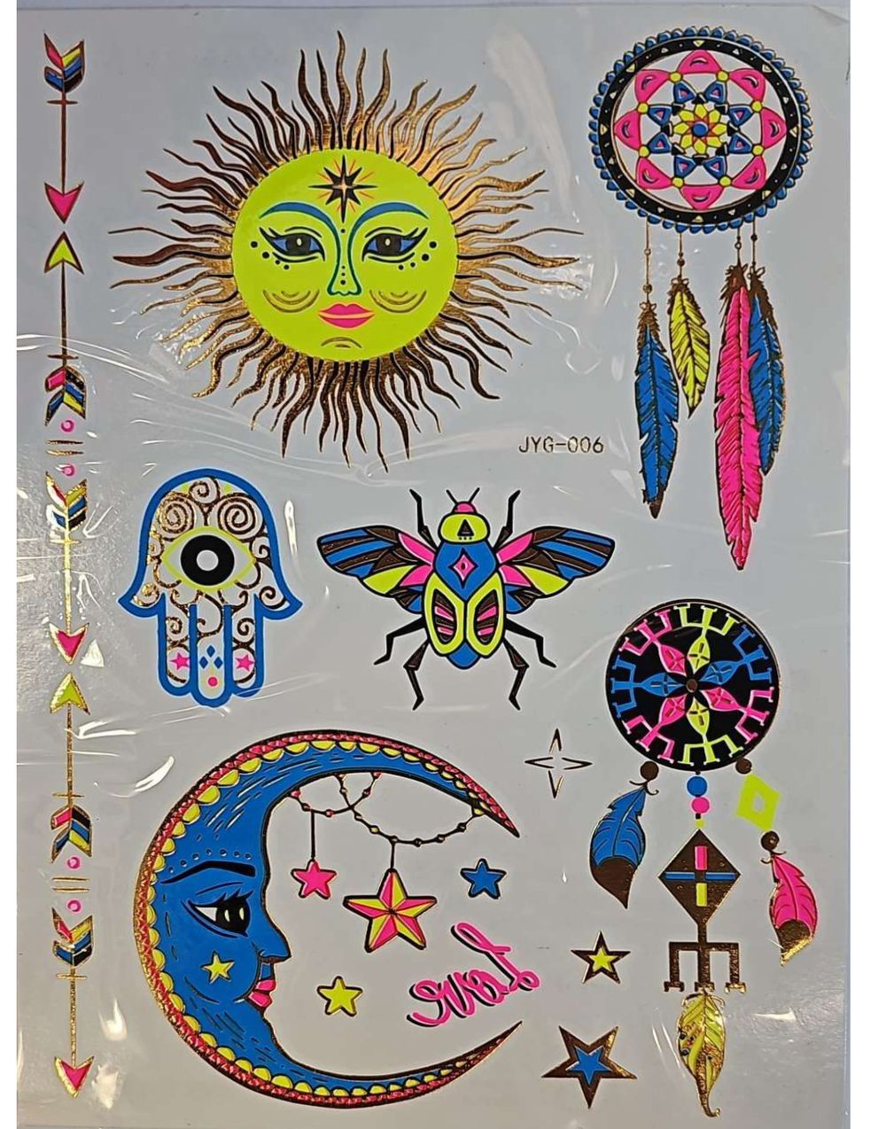 Ark med Drømmefanger, Måne, Sol og Andre Fluorescerende Gullfolierte Tatoveringer (Gold UV Fake Tattoo)