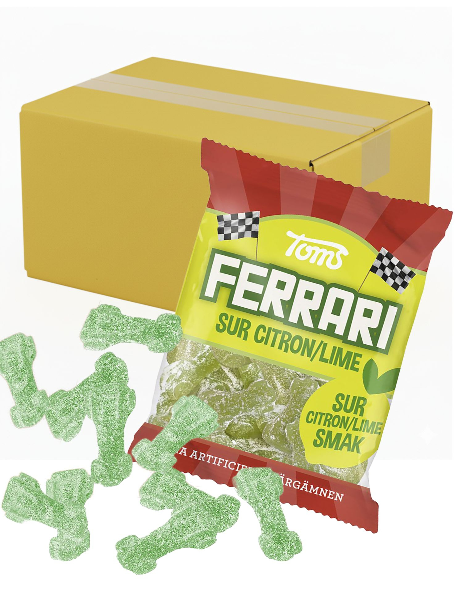 30 stk Toms Ferrari Sur Citron/Lime - Bilformede Vingummibiter med Sur Sitron og Limesmak - Hel Eske 3,6 kg