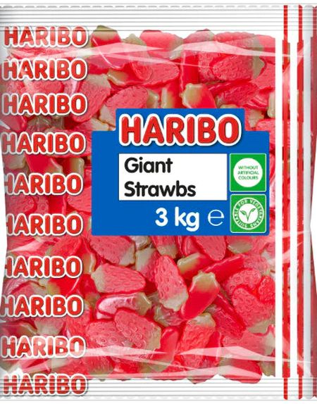 Bilde av 3 Kg Haribo Giant Strawbs - Kjempestor Pose Med Jordbær Vingummi