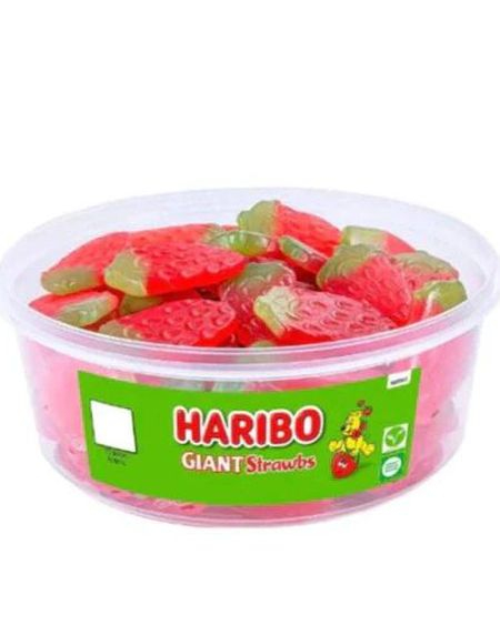 Bilde av 75 Stk Haribo Giant Strawbs - Boks Med Jordbær Vingummi 825 Gram