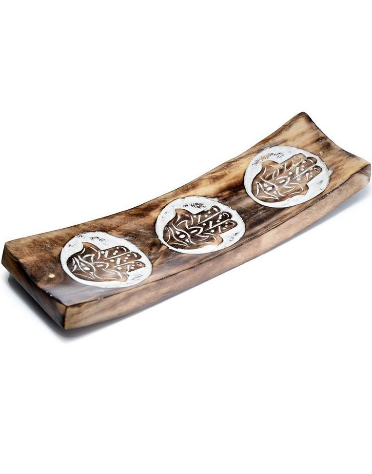 Avlang Røkelsesholder i Mangotre med Hamsa Motiver - 27,5 cm